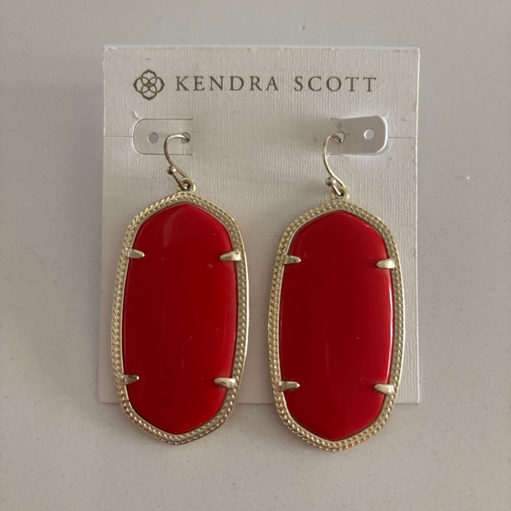 Rare Kendra Scott Danielle Bright Red Opaque glass and Gold drop earrings.